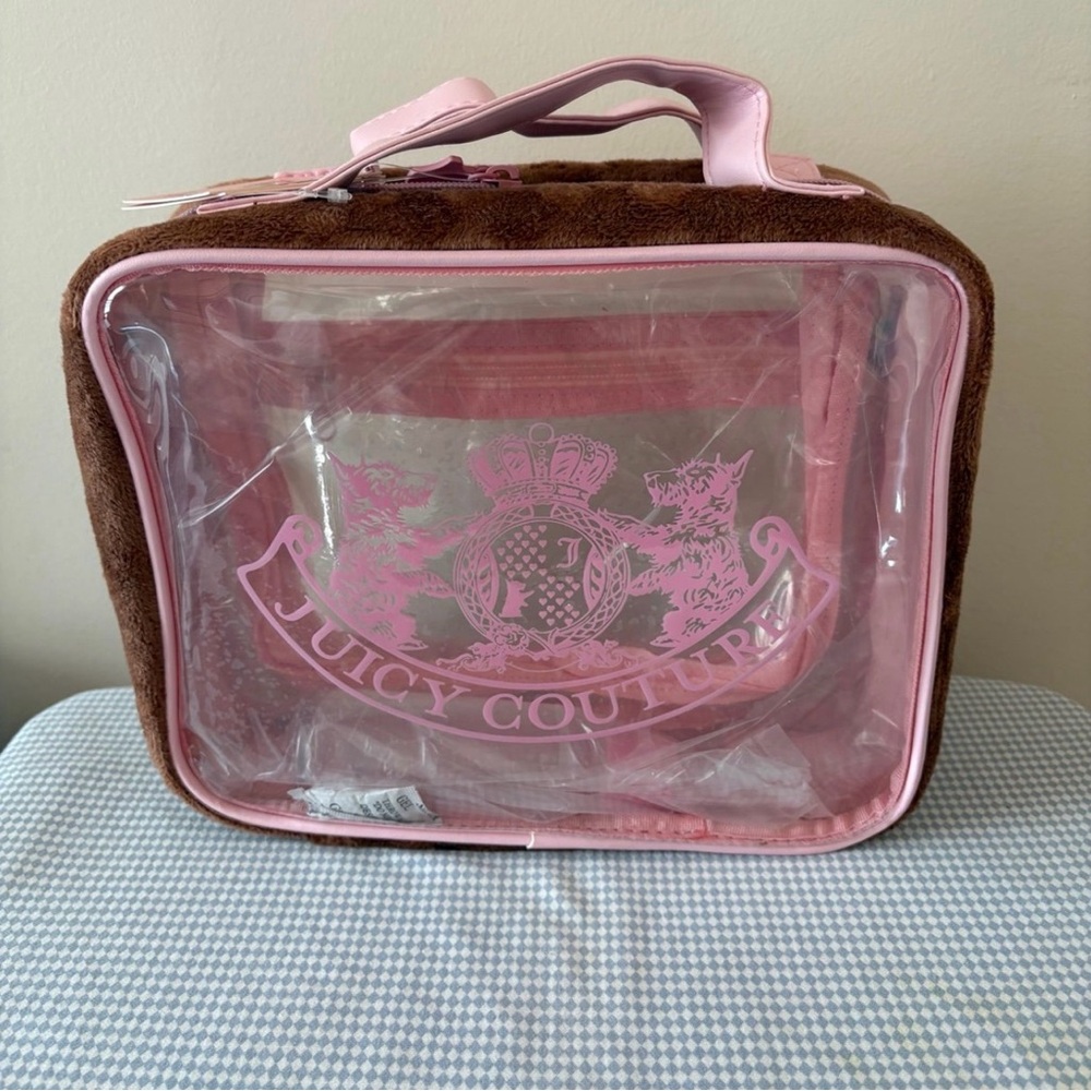 Juicy Couture Brown Suede & Pink Clear Cosmetic Travel Tote NWT